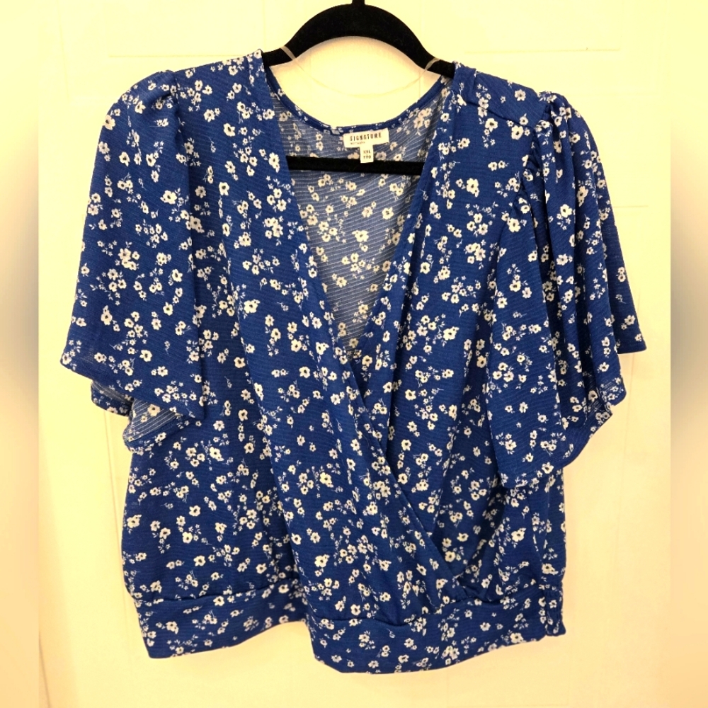 Reitmans XXL Short flutter Sleeve Blue white Floral Wrap Elastic waist cinch top
